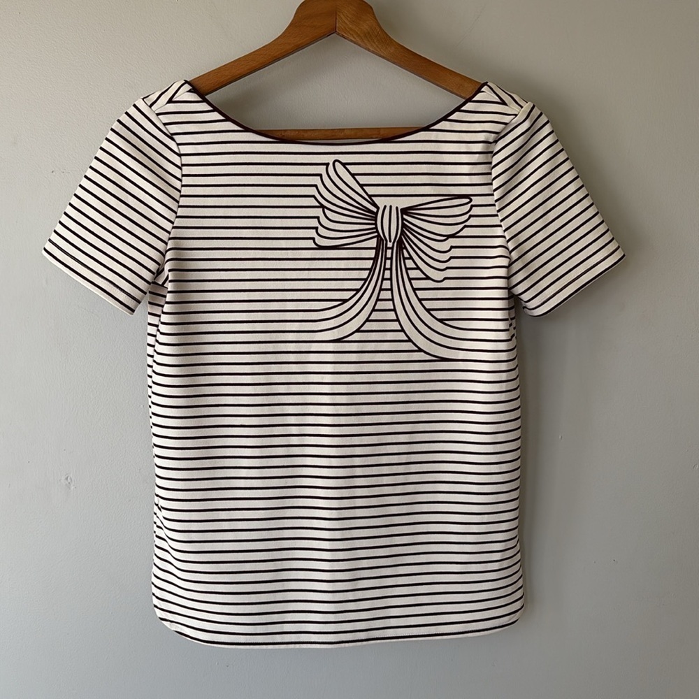 RW&Co. Women's Extra Small Striped Bow Blouse – White & Burgundy